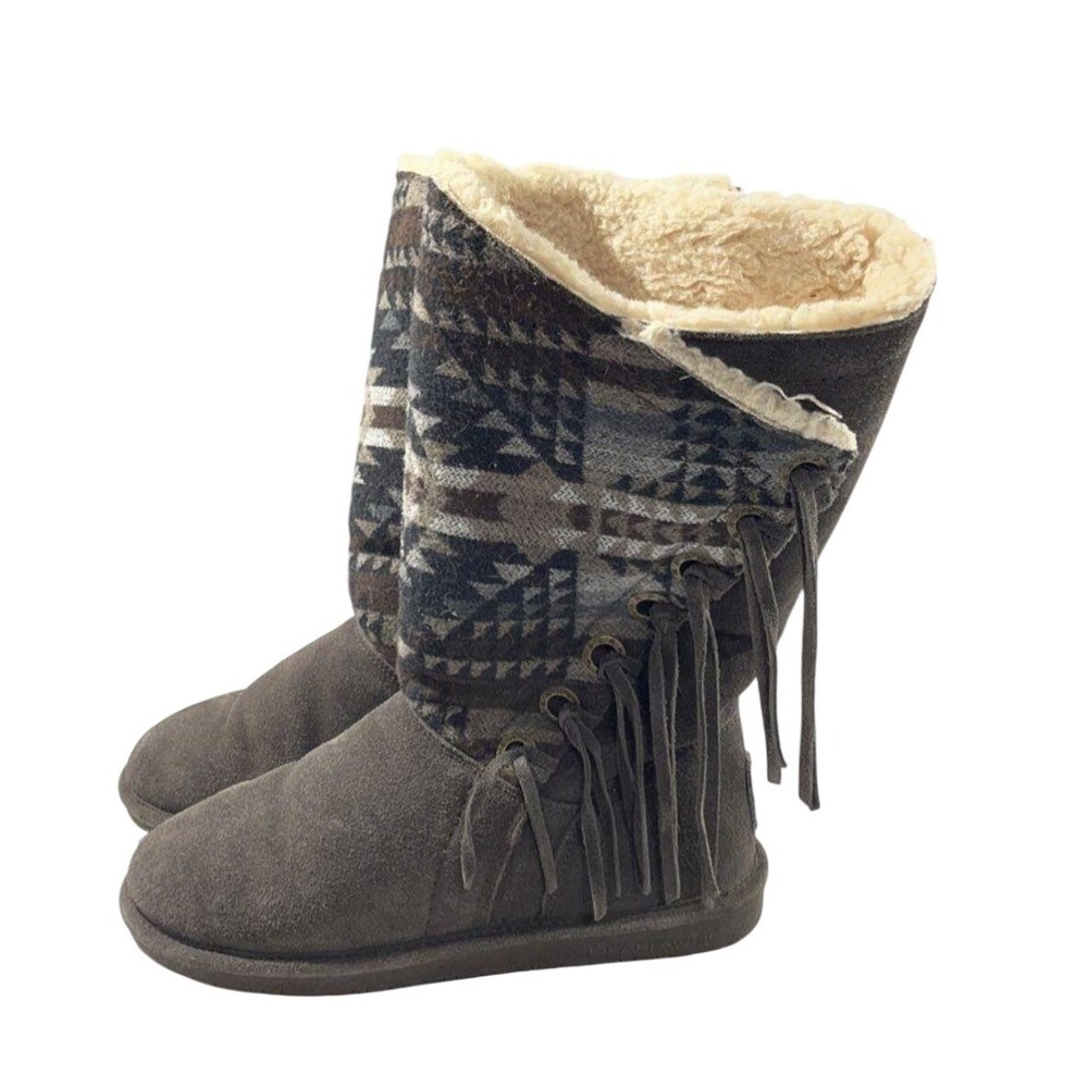 Bearpaw Women Gray Suede Southwestern Fringe Winter Boots 10 Faux Fur Lining